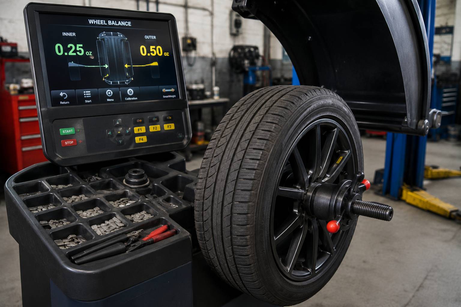 Computerized wheel balancing machines detect microscopic weight imbalances in the tire assembly